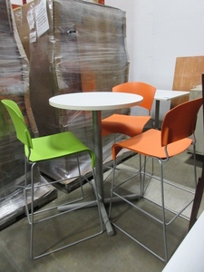 lot 619 image: CAFE PUB TABLE WITH COLORFUL STOOLS