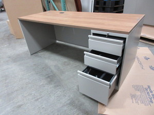 lot 602 image: GLOBAL STEEL DESK WITH WOOD GRAIN LAMINATE DESK TOP
