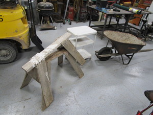 lot 68 image: Wheelbarrow, Sawhorses, Shop Cart