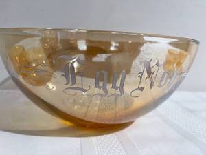 lot 30 image: Luster Jeannette Glass Vintage Marigold Iridescent Egg Nog Punch Bowl w 6 Cups