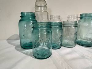 lot 54 image: Vintage Mason Jar Lot including Blue Ball Jars