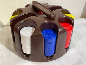 lot 78 image: Vintage Poker Chip Carousel and Tin With Cards