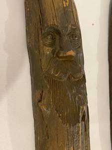 lot 238 image: Two Wooden Hand Carved Wise Old Man Wall Hangings
