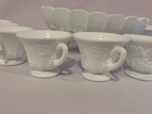lot 240 image: Vintage Milk Glass Punch Bowl and 10 Cups