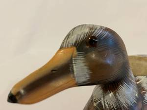 lot 259 image: Hand Carved and Painted Wooden Duck Planter with Glass Eyes