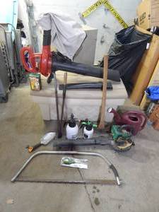 lot 37 image: Craftsman Electric Blower Vac, Weed Eater Gas Blower, Bow Saw, Double Head Axe, Sprayers, Out Door Storage Box