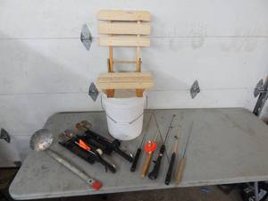 lot 40 image: Ice Fishing Rods, Tip Ups, Ice Scoop, Basket With Seat