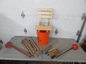 lot 41 image: Vintage Jig Sticks, Ice  Scoops, Bucket With Seat