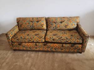 lot 6 image: Retro Baker Loveseat with Vibrant 70s Mary McFadden Style Slipcovers a