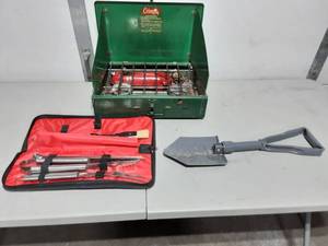 lot 9 image: Coleman Camp Stove, Grill Set & Folding Shovel