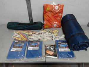 lot 11 image: 3-4x6 Tarps, Emergency Tent For 2 Persons, Hammack, Camp Chair & 2-Pads