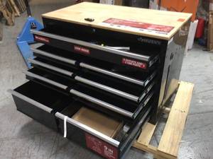 Husky 46 in. W x 24 in. D 9-Drawer Gloss Black Deep Tool Chest Mobile Workbench with Hardwood Top Small Damage on the Left Side See Pictures