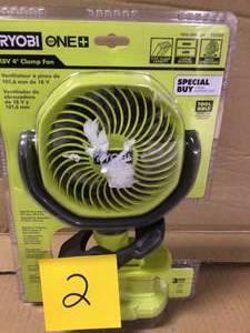 lot 2 image: RYOBI ONE 18V Cordless 4 in. Clamp Fan (Tool Only) Customer Returns See Pictures