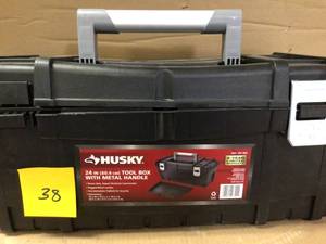 lot 38 image: Husky 24 in. Tool Box in Black  SEE PICS MISSING LATCH Customer Returns See Pictures