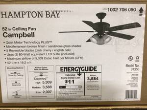 lot 58 image: Hampton Bay Campbell 52 in. Indoor LED Mediterranean Bronze Ceiling Fan with Light Kit, Downrod, Reversible Blades and Remote  Customer Returns See Pictures