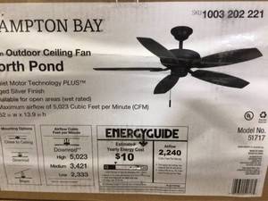 lot 64 image: Hampton Bay North Pond 52 in. IndoorOutdoor Aged Silver Ceiling Fan with Downrod and Reversible Motor Light Kit Adaptable Customer Returns See Pictures
