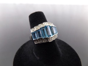 lot 51 image: .925 Sterling Silver Diamond Accented Topaz Baguette Ring Size 7