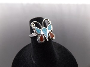 lot 58 image: .925 Sterling Silver Inlayed Turquoise and Coral Butterfly Ring Size 4.5