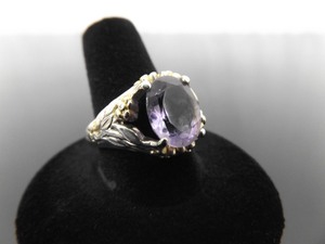 lot 61 image: .925 Sterling Silver Oval Cut Amethyst Vermeil Accented Designed Ring Size 10