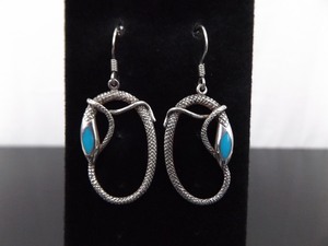 lot 91 image: .925 Sterling Silver Inlayed Turquoise Snake Dangle Hook Earrings