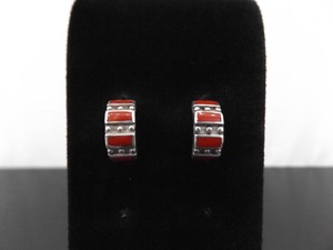 lot 97 image: .925 Sterling Silver Red Enamel Designed 14 Hoop Post Earrings