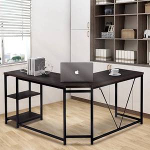 lot 110 image: 20 in. L-Shaped Black Computer Desk with Shelves - Missing Hardware.
