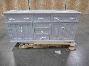 lot 108 image: Fremont 72 in. W x 22 in. D Double Vanity in Grey - Granite Top is Broken - 2nd Middle drawer from top has slight damage.