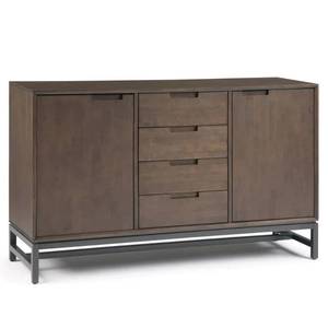 lot 134 image: Simpli Home Banting Solid Hardwood and Metal 60 in. Wide Rectangle Industrial Sideboard with Centre Drawers in Walnut Brown - Scratch and Dent - Drawer Face Plates are Loose.