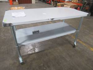 lot 136 image: DuraSteel Stainless Steel Work Table 30 x 60 x 34 Height w 4 Caster Wheels - Food Prep Commercial Grade Worktable - NSF Certified - Good for Restaurant, Business, Warehouse, Home, Kitchen, Garage. SS-DR3060H.