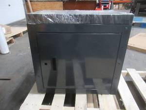 lot 284 image: Single Door Steel Cabinet with Shelf and Power Strip in Gray.