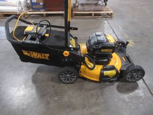 lot 8 image: Dewalt 21.5 in. 20-Volt MAX Lithium-Ion Cordless Battery Walk Behind Push Mower, DCMWP233U2 - Does not include Batteries and Charger - Has Key, Missing Handle Nuts - Runs Well.