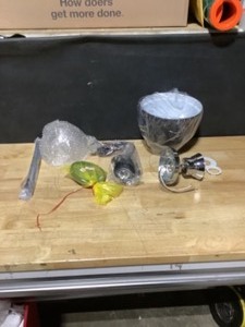 lot 6 image: Golden Lighting Duncan Collection 1-Light Chrome Flush Mount with Matte Black Shade $50 & Golden Lighting Hines 1-Light Black Chandelier with Seeded Glass Shade See Pictures