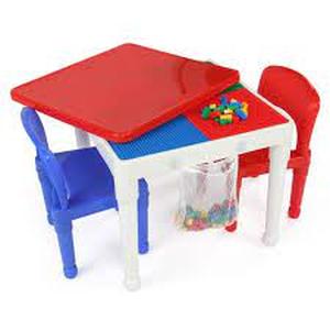 lot 27 image: Humble Crew Playtime 3-Piece WhitePrimary 2-in-1 Plastic Lego-Compatible Kids Activity Table and 2 Chairs Set