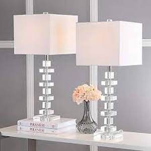 lot 42 image: Deco 28.5 in. Clear Geometric Crystal Table Lamp with White Shade (Set of 2) by SAFAVIEH