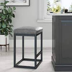 lot 59 image: Nathan James Nelson 24 in. Gray Leather Cushion and Black Stainless Steel Frame Metal Bar Stool