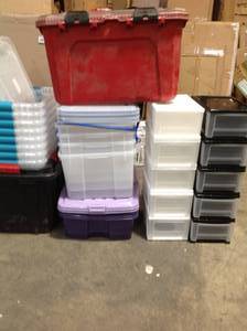 Pallet with assorted Storage Bins various sizes, mdels, and  conditions some some tops missing