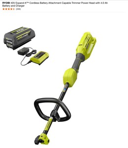 lot 27 image: RYOBI 40V Expand-It Cordless Battery Attachment Capable Trimmer Power Head with 4.0 Ah Battery and Charger & 6 in. Auger Bit. See Pictures