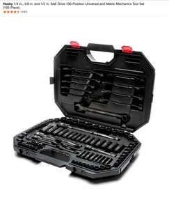 lot 28 image: Husky 14 in., 38 in. and 12 in. SAE Drive 100-Position Universal and Metric Mechanics Tool Set (105-Piece). See Pictures