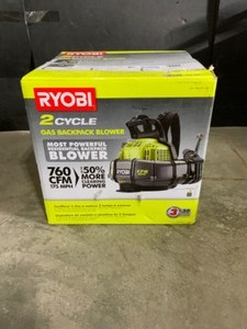 lot 43 image: RYOBI 175 MPH 760 CFM 38cc Gas Backpack Leaf Blower. See Pictures