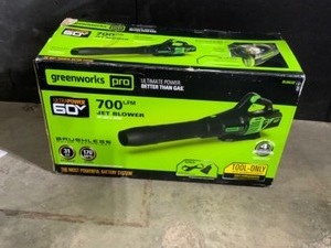 lot 44 image: Greenworks PRO 170 MPH 700 CFM 60V Battery Cordless Handheld Leaf Blower (Tool Only). See Pictures