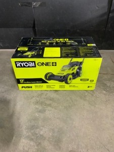 lot 47 image: RYOBI ONE 18V 13 in. Cordless Battery Walk Behind Push Lawn Mower (Tool Only). See Pictures