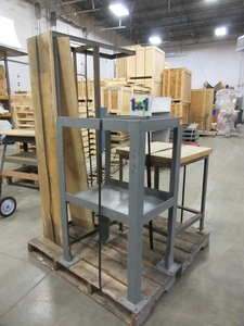 lot 823 image: 3 STEEL FRAME SHOP TABLES, 2 WITH WOODEN TOPS