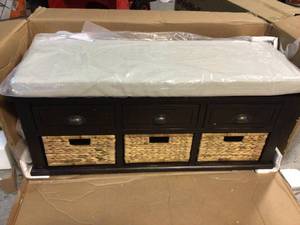 lot 11 image: Brown Rustic Storage Bench with 3-Drawers and 3-Rattan Baskets 42.1 in. W x 15.4 in. D x 18.7 in. H by Qualfurn Broken Customer Returns See Pictures