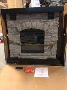 lot 22 image: Pembroke 40 in. Freestanding Faux Stone Infrared Electric Fireplace in Gray with Mantel by Home Decorators Collection Customer Returns See Pictures