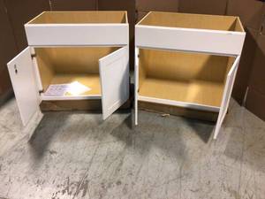 lot 25 image: Lot of 2 Shaker Satin White Stock Assembled Sink Base Kitchen Cabinet (36 in. x 34.5 in. x 24 in.) by Hampton Bay Customer Returns See Pictures