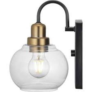 Halyn 4.5 in. 1-Light Matte Black Indoor Wall Sconce with Vintage Brass Accents and Clear Glass Shade