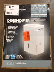 lot 15 image: GE 35 pt. Dehumidifier for Very Damp Rooms up to 1000 sq. ft. in White, ENERGY STAR in very good condition see pictures open box