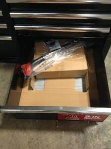 lot 36 image: Husky 46 in. W x 24 in. D 9-Drawer Gloss Black Deep Tool Chest Mobile Workbench with Hardwood Top damaged see pictures