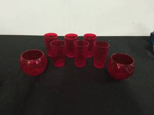 lot 73 image: Collection of Six Vintage Red Glasses and Two Red Glass Candlestick Holders. See photos for details and condition.