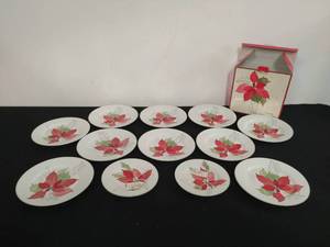 lot 136 image: Vintage Block Spal Watercolors Poinsettia Dessert Plates and Bread & Butter Plates
